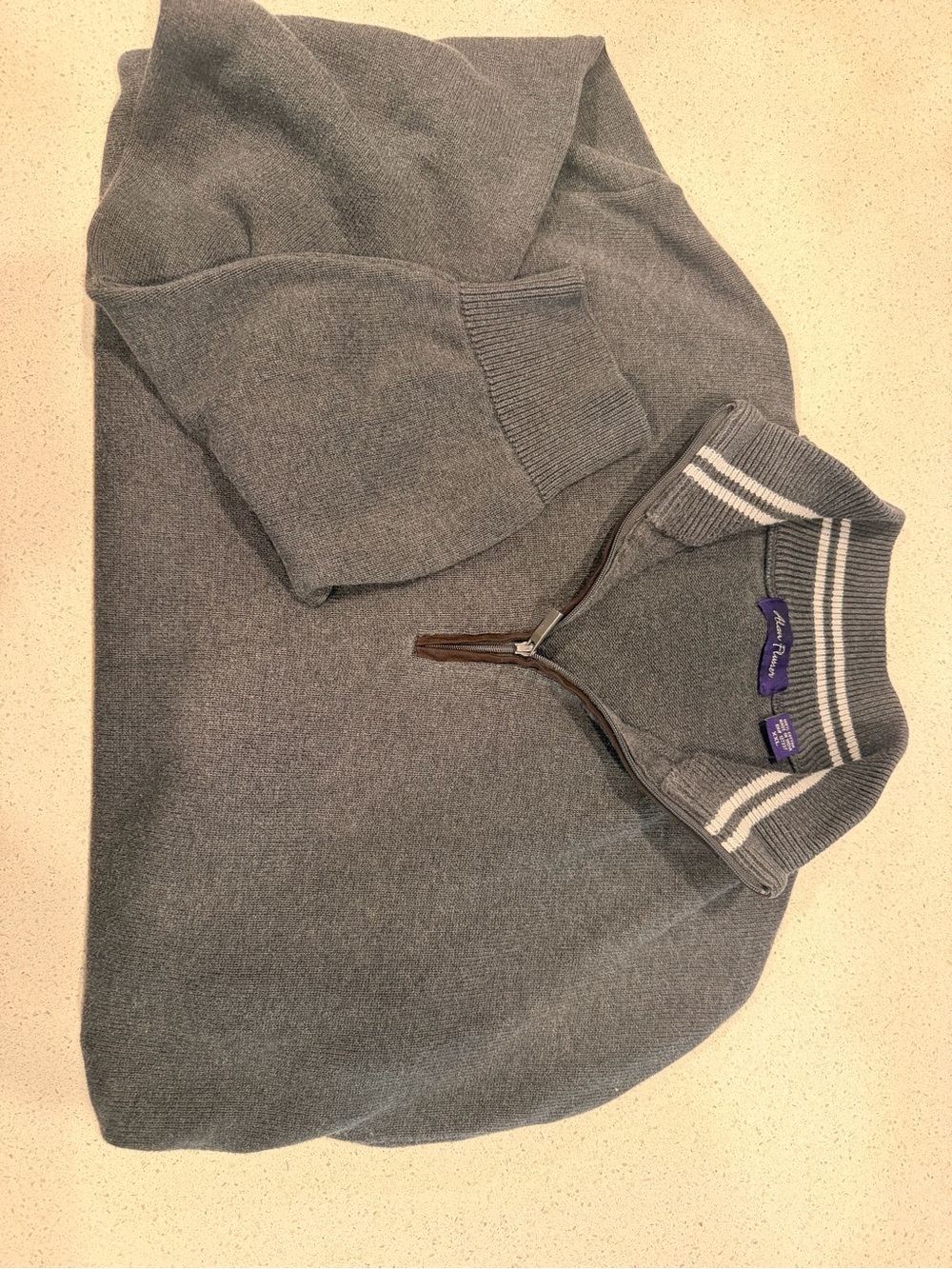 Alan Flusser Men's Gray Half-Zip Sweater with Striped Collar